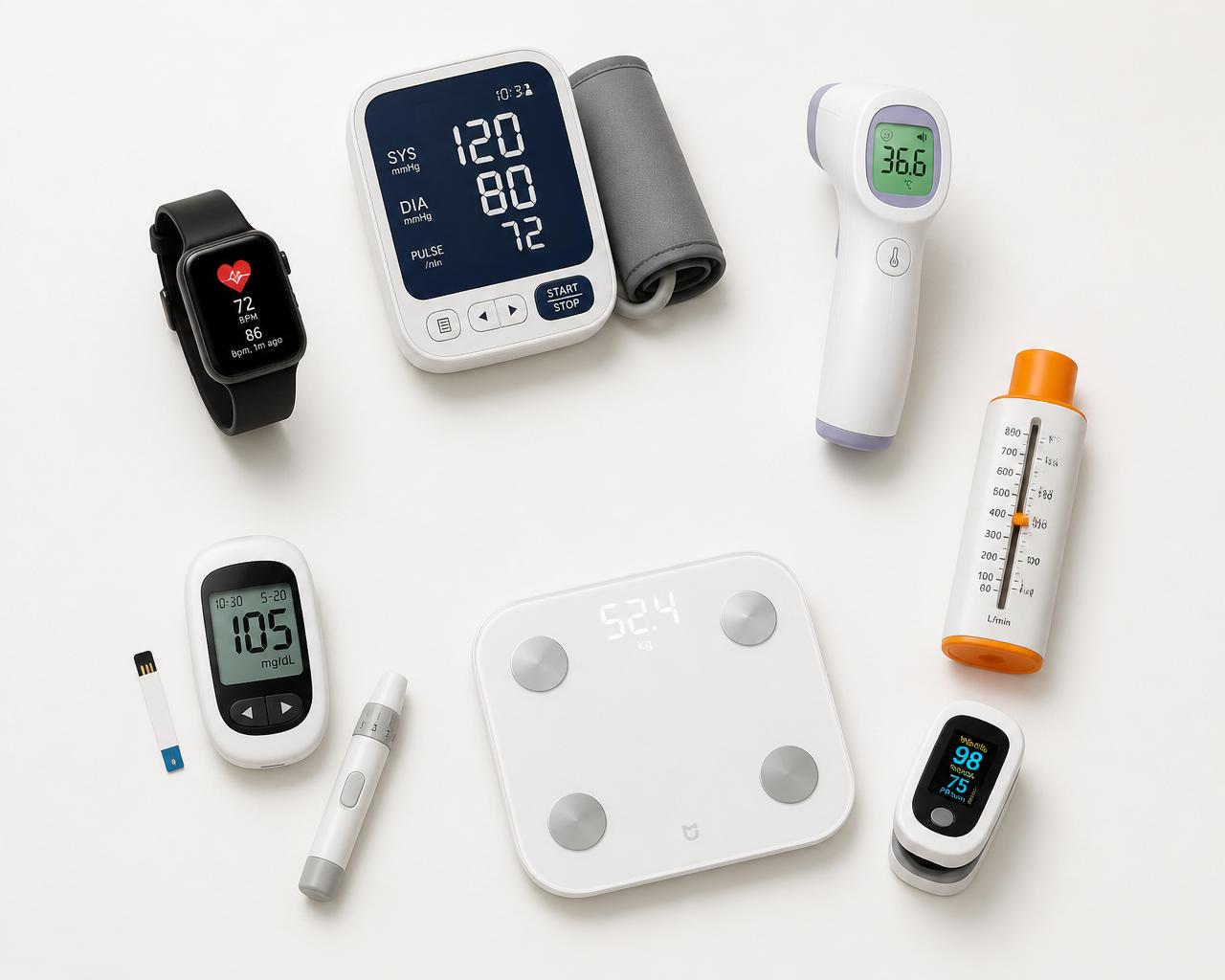 Mit PINZON kompatible Messgeräte: Blutdruck, Blutzucker, Thermometer, Waage, Pulsoximeter und Smartwatch