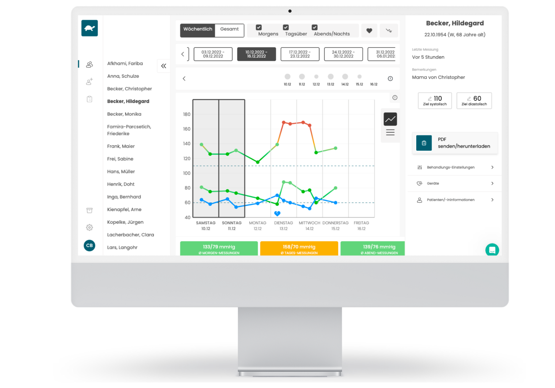 PINZON HCP-Dashboard — Blutdruck-Verlauf und Patientenliste